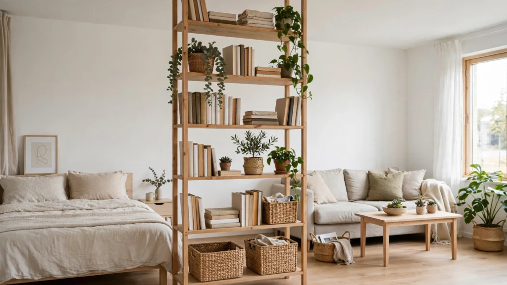 Open bookshelf used as a room divider between bed and living area in a small studio apartment