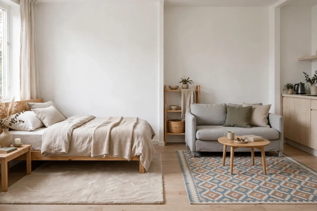Area rugs defining separate sleeping and living zones in a small studio apartment layout