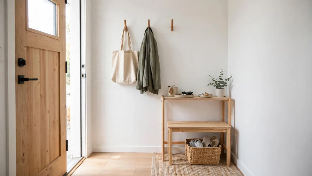 Small entryway drop zone with console table and wall hooks in a studio apartment
