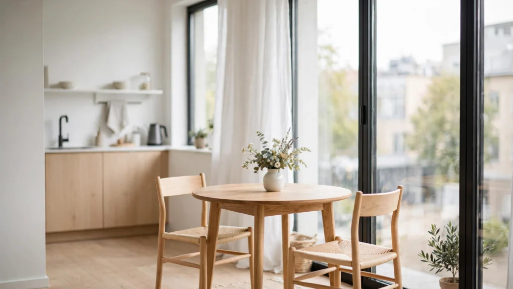 Round dining table for two tucked in a bright corner of a small studio apartment