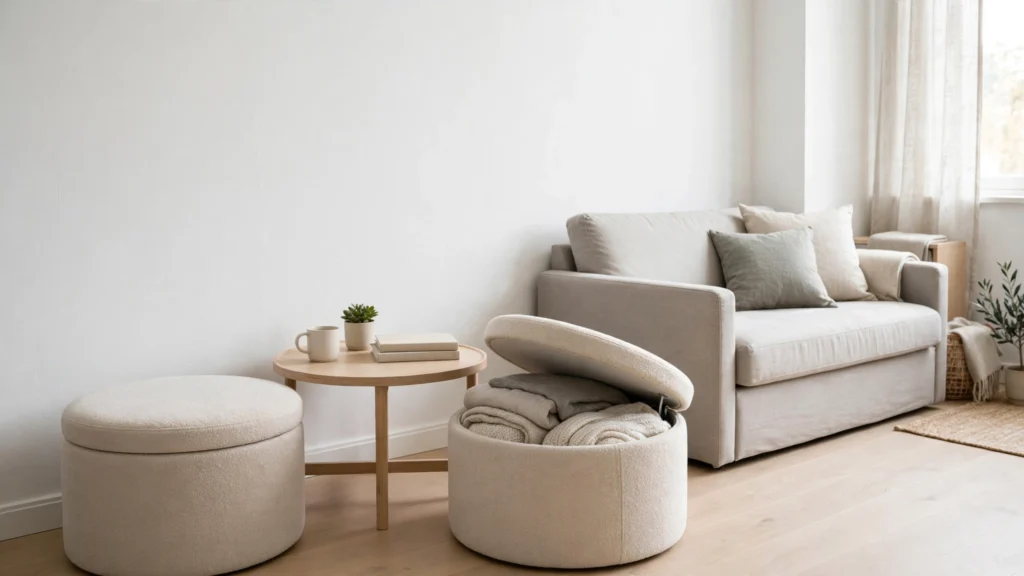 Round storage ottomans doubling as extra seating in a small studio living area