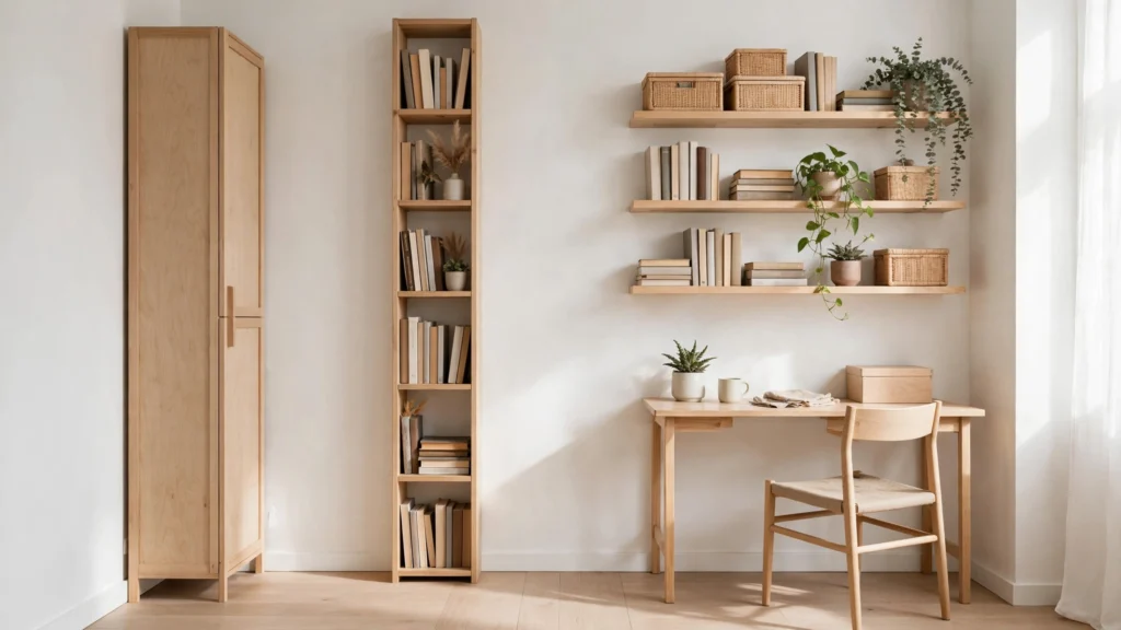 Tall narrow bookshelf and floating shelves adding vertical storage in a studio apartment