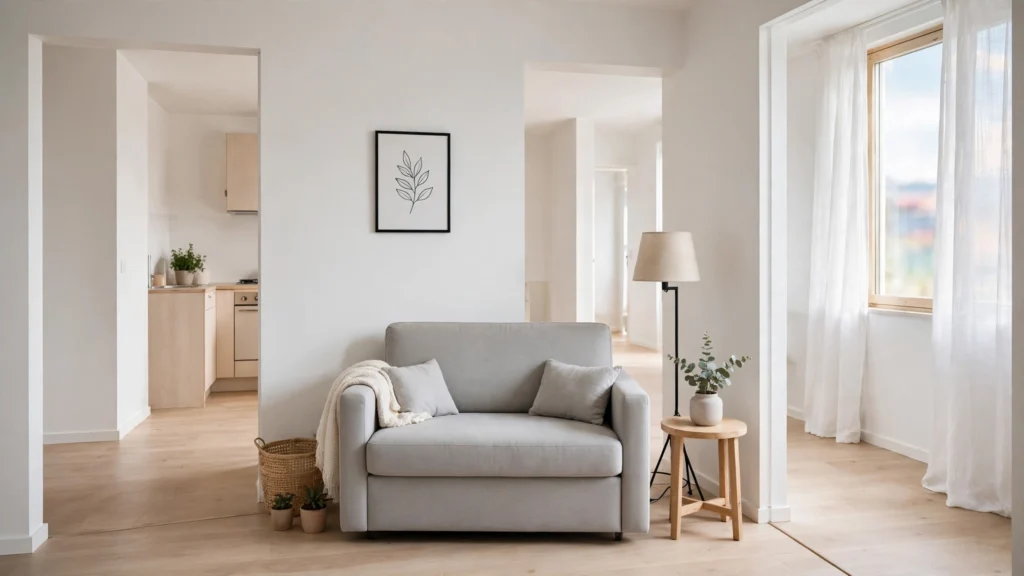 Compact loveseat instead of a full-size sofa in a small studio apartment