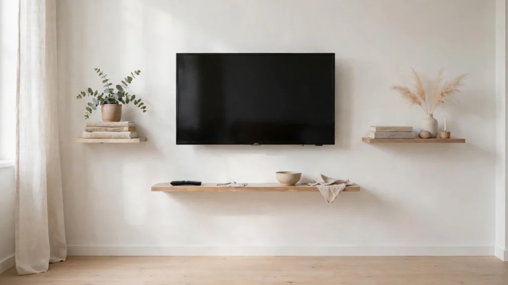 Wall-mounted TV above a slim floating shelf saving floor space in a studio apartment