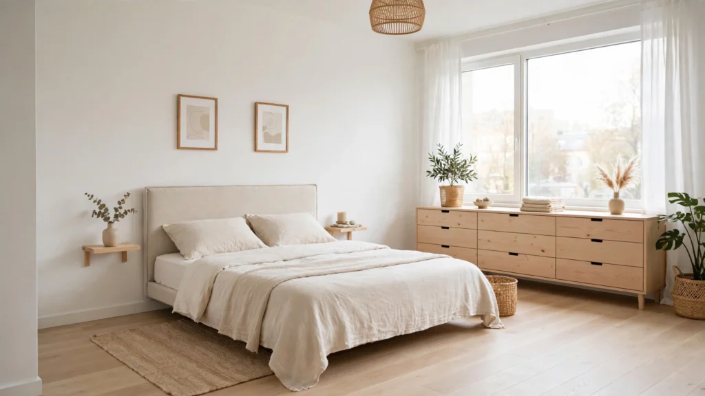 Bed placed against the longest wall to open up a small studio apartment
