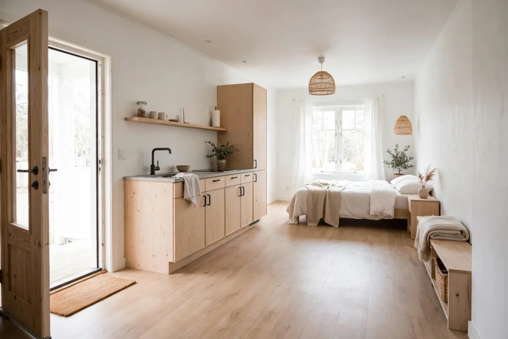 Clear open walkways between furniture zones in a small studio apartment layout