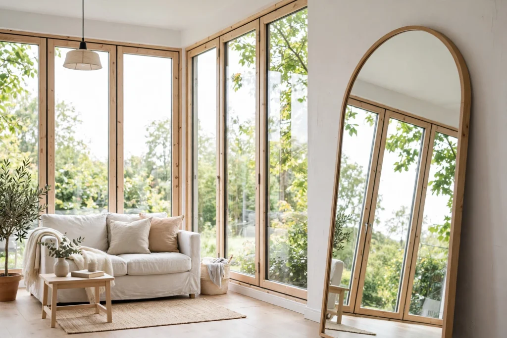 Large arched mirror opposite windows reflecting light in a small studio apartment