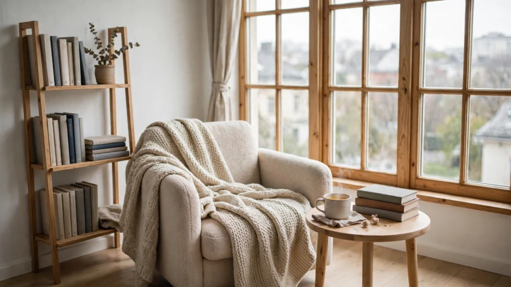 Cozy window reading nook with armchair and bookshelf in a small studio apartment