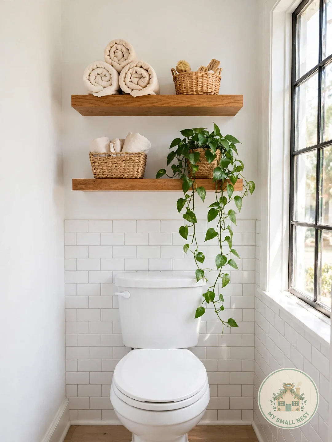 Floating Wood Shelves Over the Toilet - bathroom shelf decor