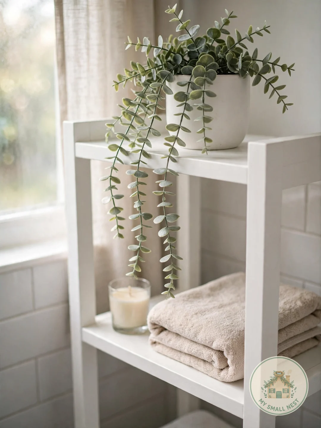 Greenery on the Top Shelf - bathroom shelf decor