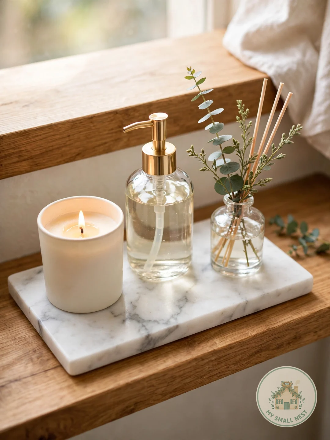 Candle and Soap Tray Vignette - bathroom shelf decor