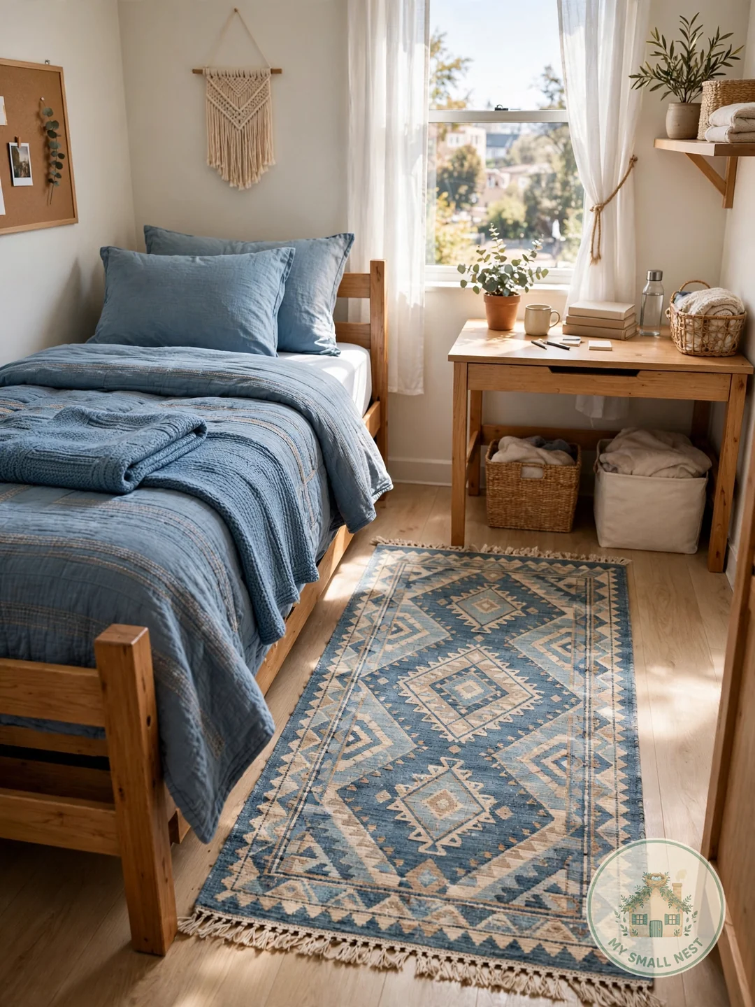 Warm Up With a Blue Rug - blue dorm rooms