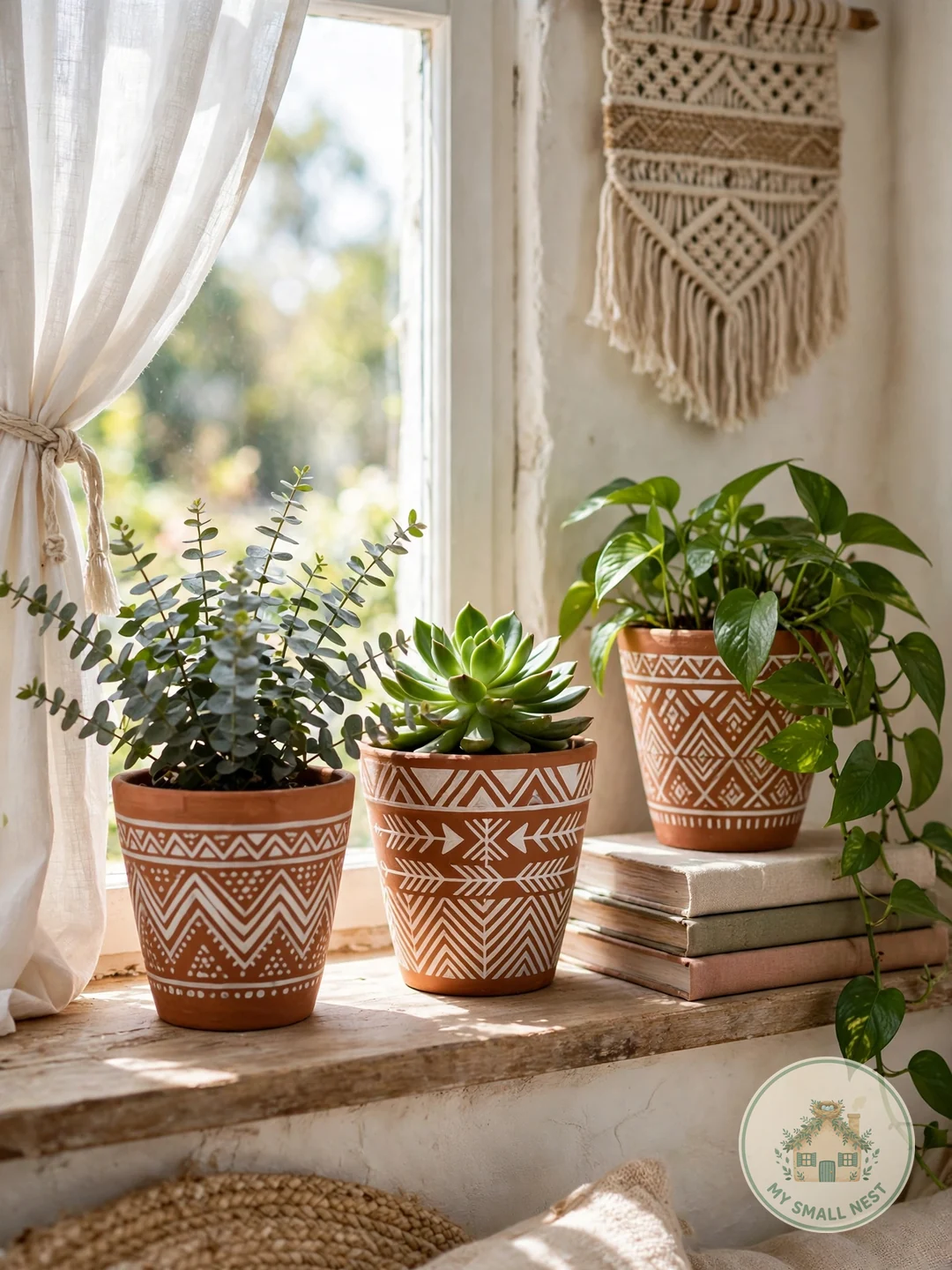 DIY Painted Terracotta Accents - boho living room ideas