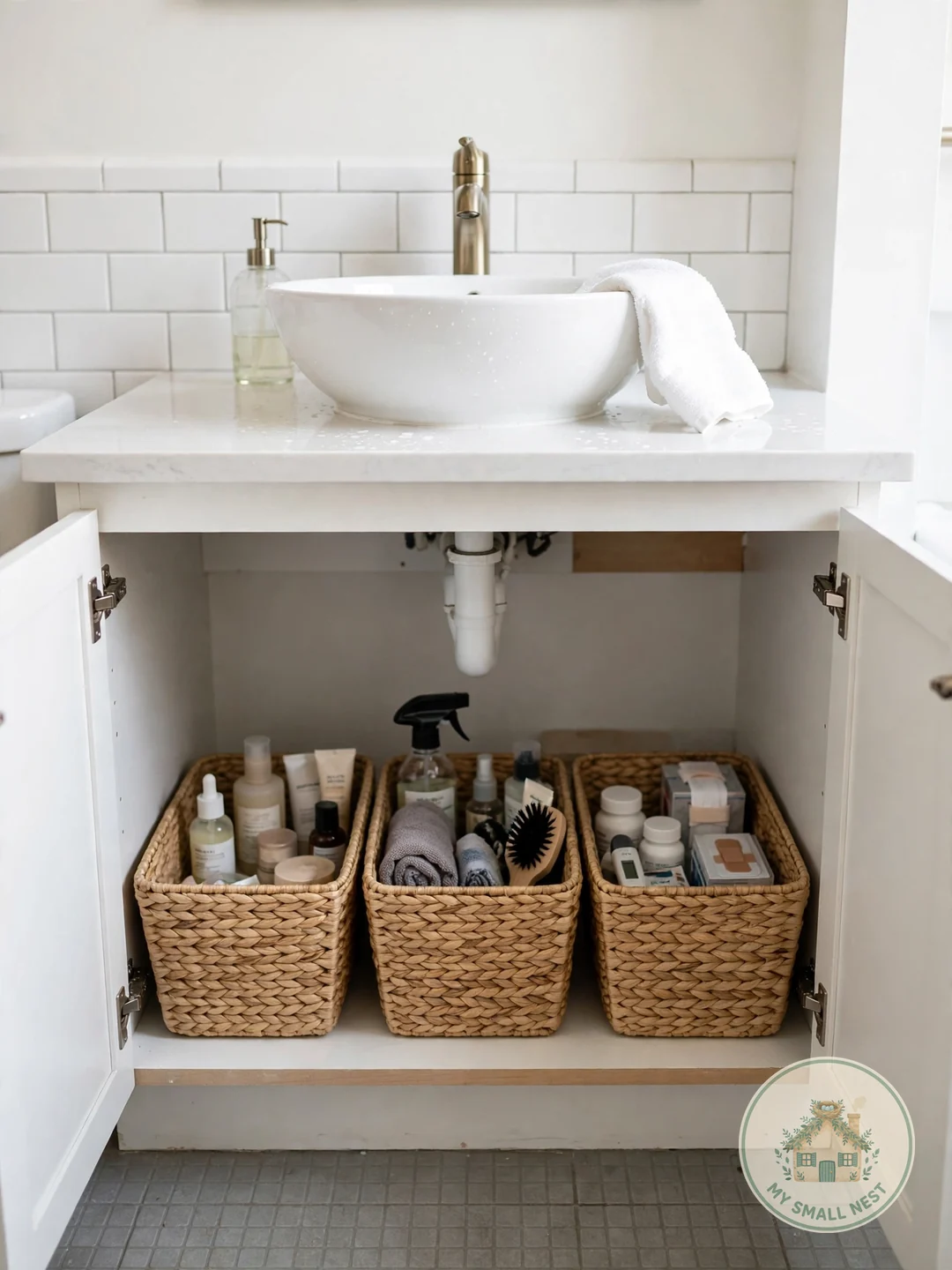 Baskets for Under-Sink Chaos - college apartment bathroom