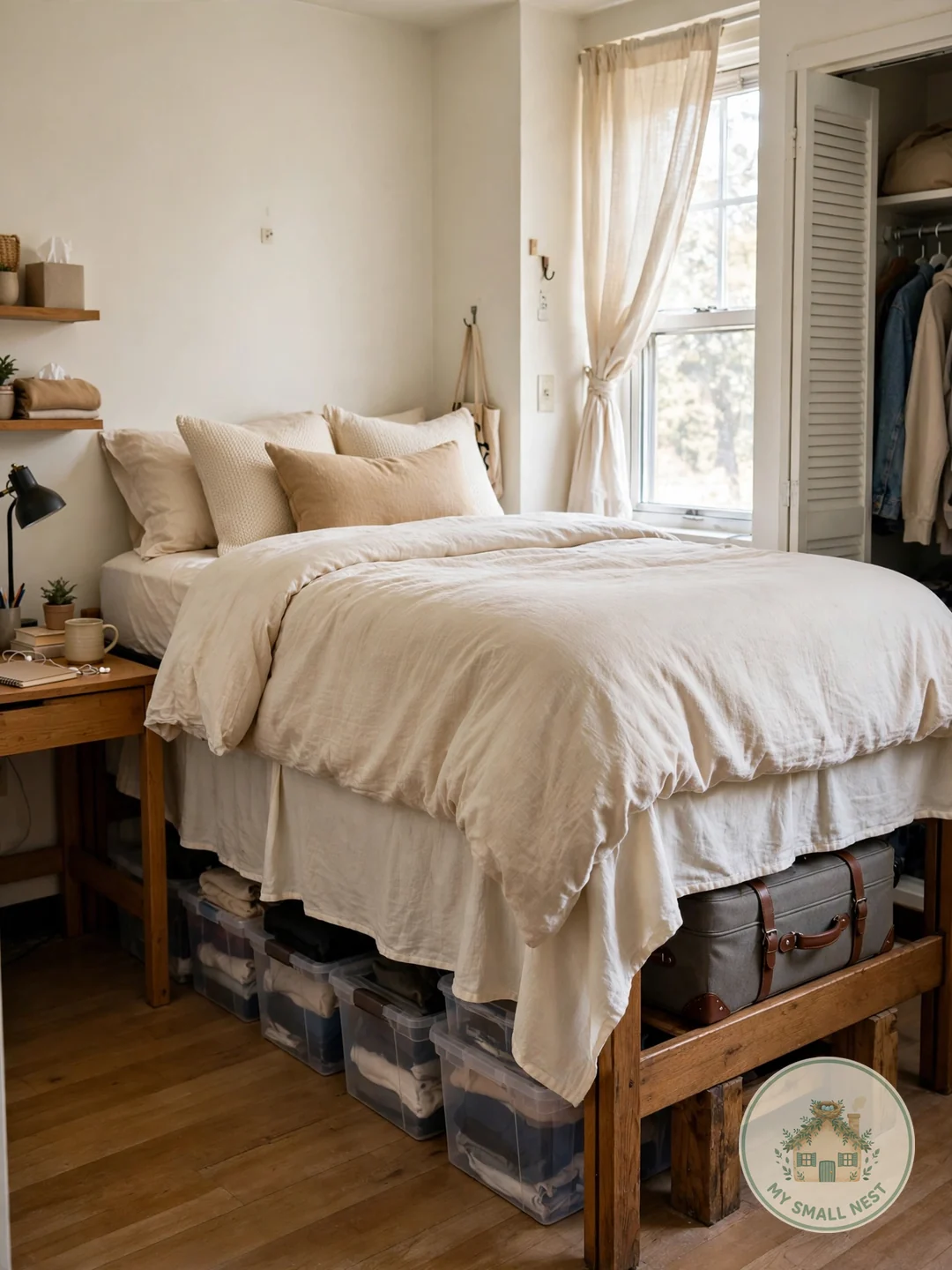Raise Your Bed for Hidden Storage - dorm room decor ideas