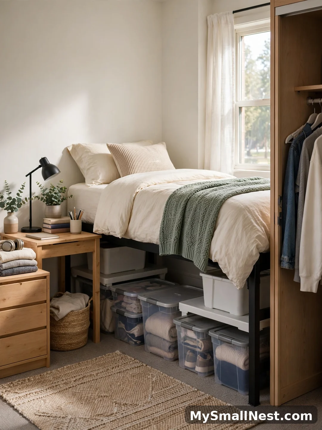 Lift the Bed for Hidden Storage - dorm room essentials for guys
