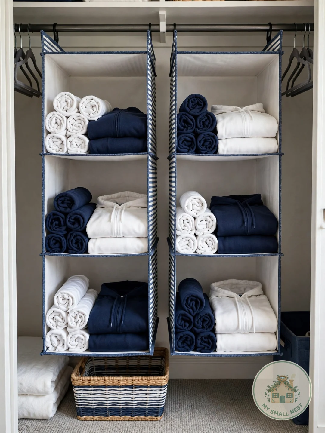 Double-Column Hanging Closet Shelves - dorm room organization ideas