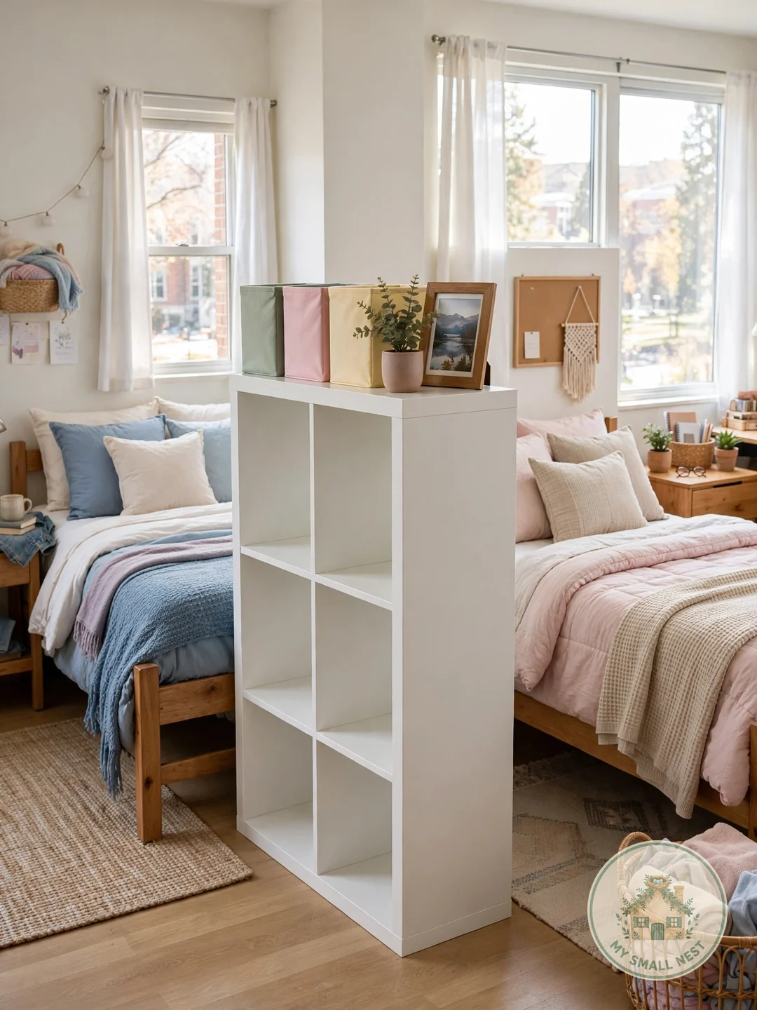 Cube Storage Unit as a Room Divider - dorm room organization ideas