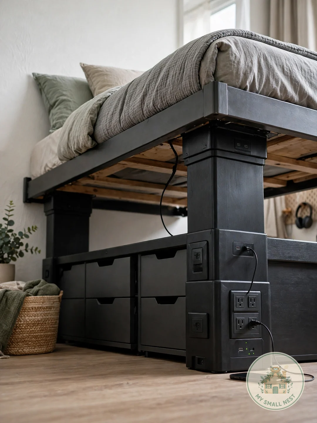 Bed Risers with Built-In Outlets - dorm room organization ideas