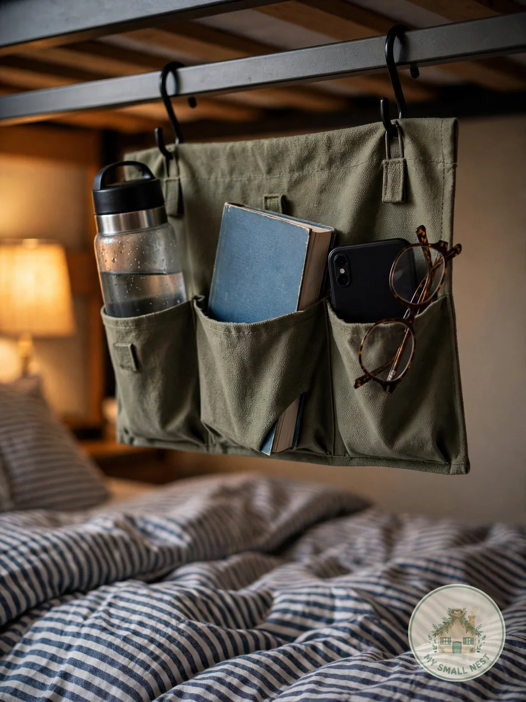 Bedside Caddy for Lofted Beds - dorm room organization ideas