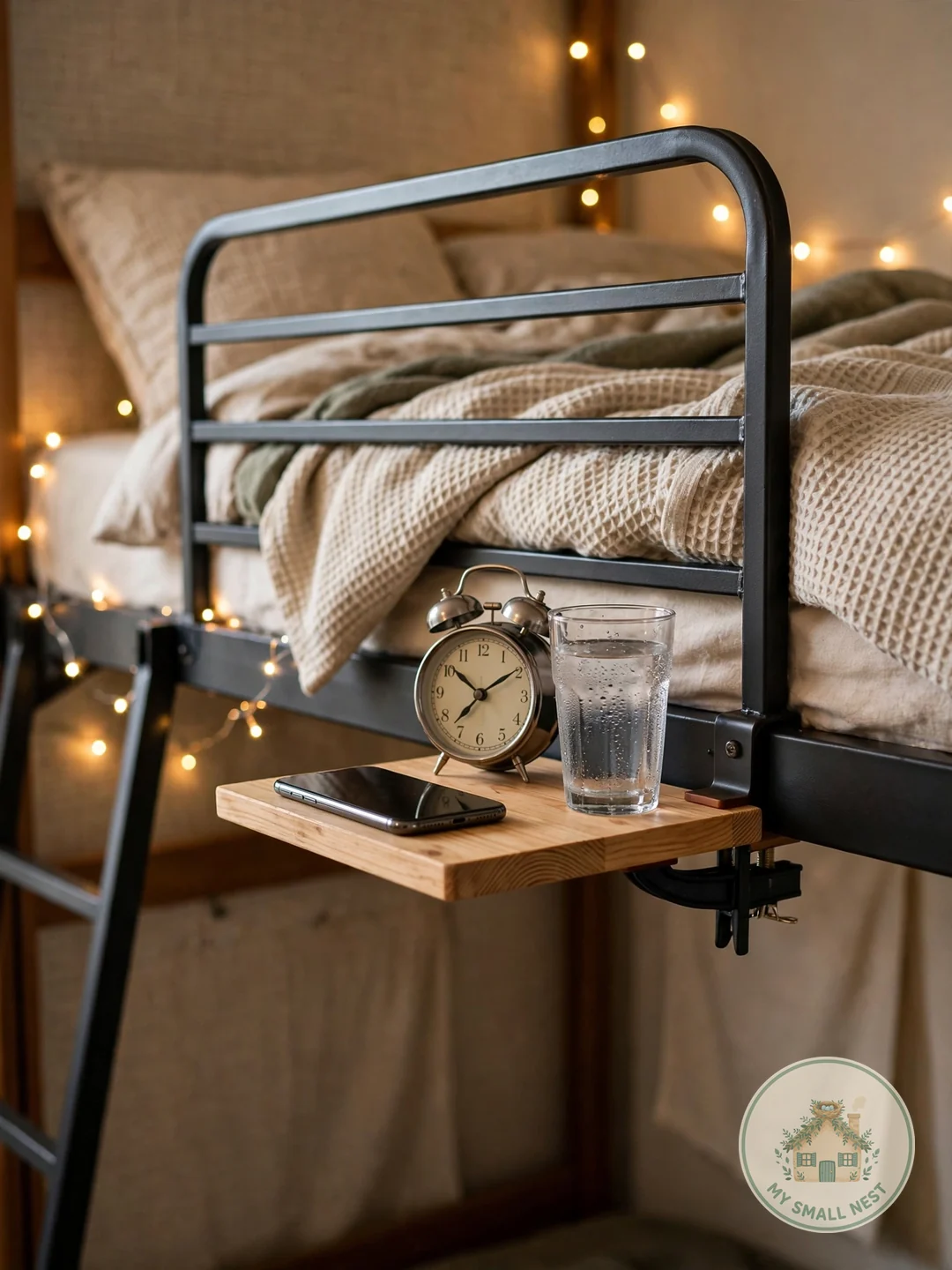 Clip-On Bed Shelf as a Mini Nightstand - dorm room organization ideas