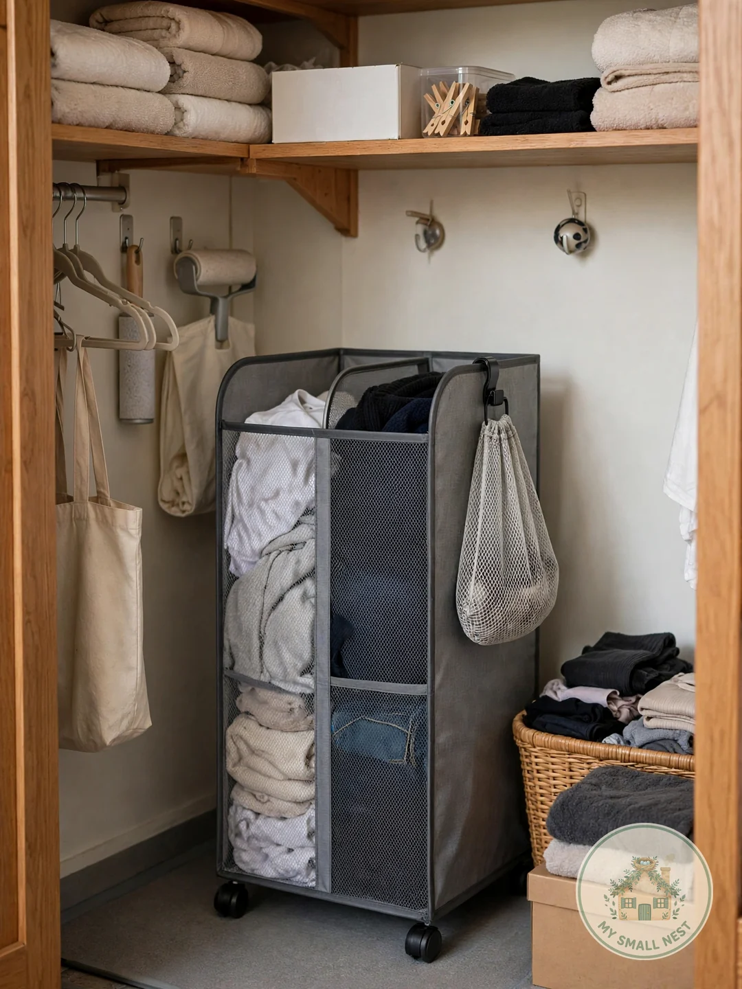 Divided Laundry Hamper on Wheels - dorm room organization ideas