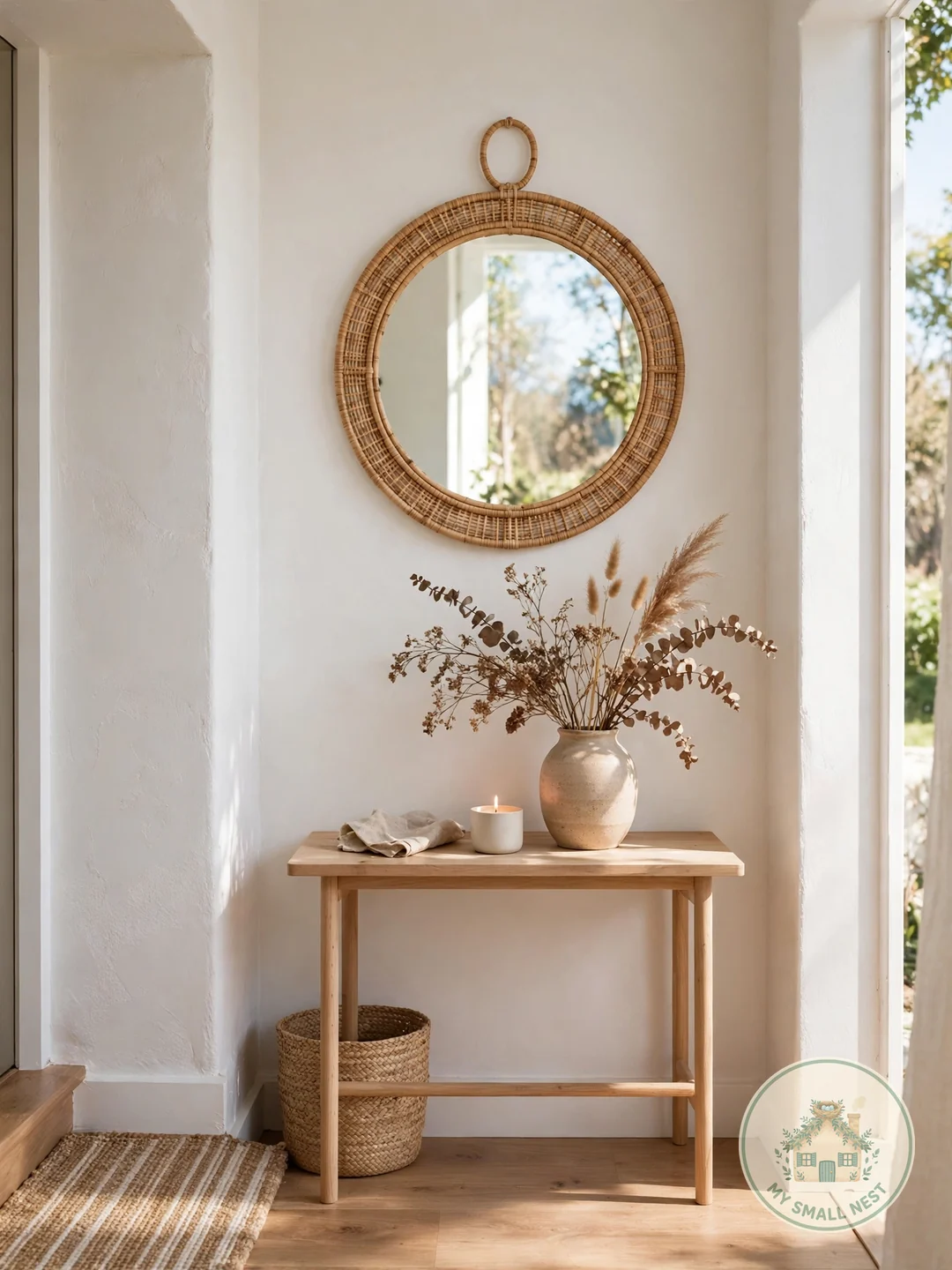 Hang a Round Mirror to Double the Space - entryway table decor