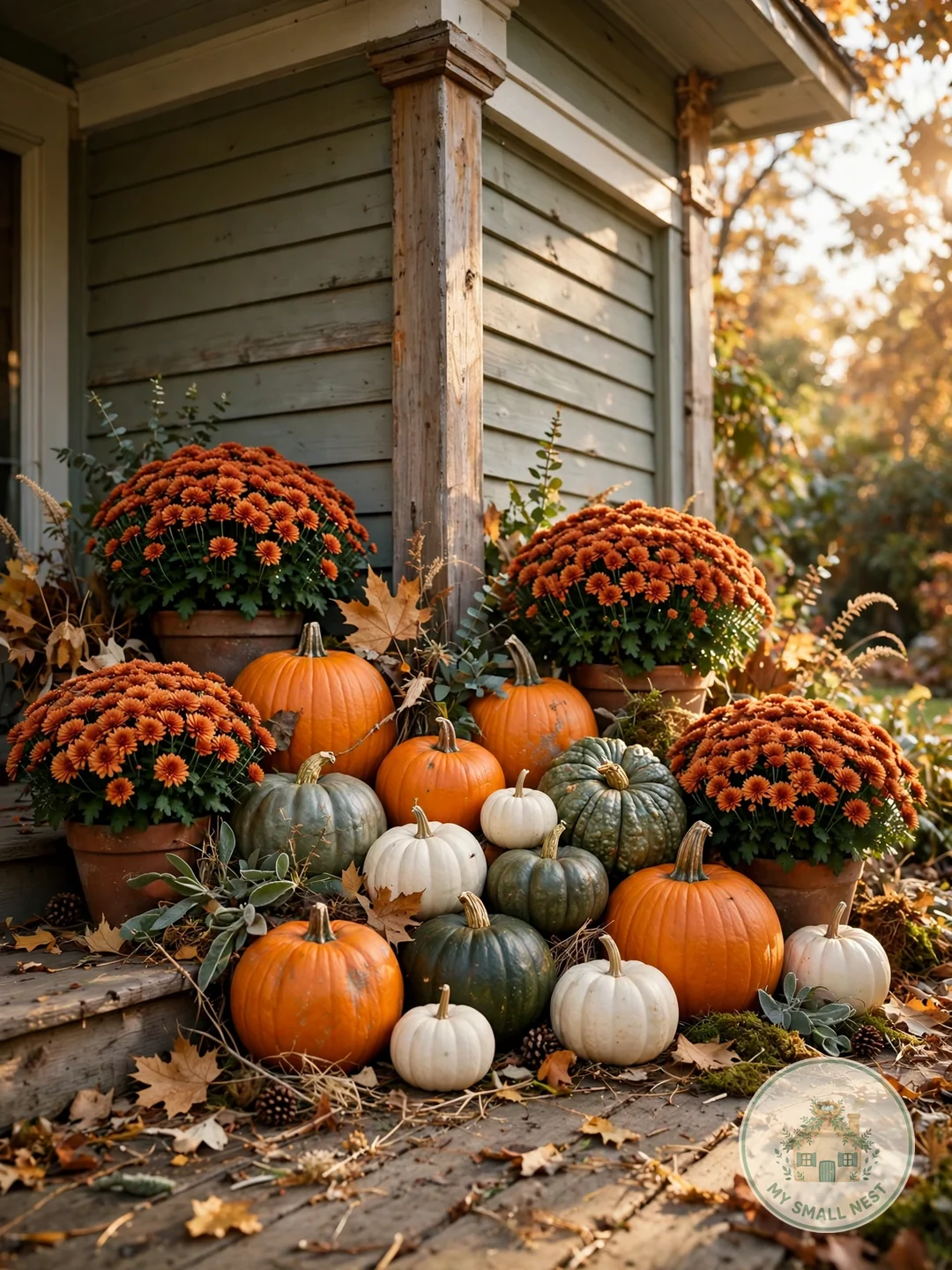 Pumpkin and Mum Grouping - fall front porch decor