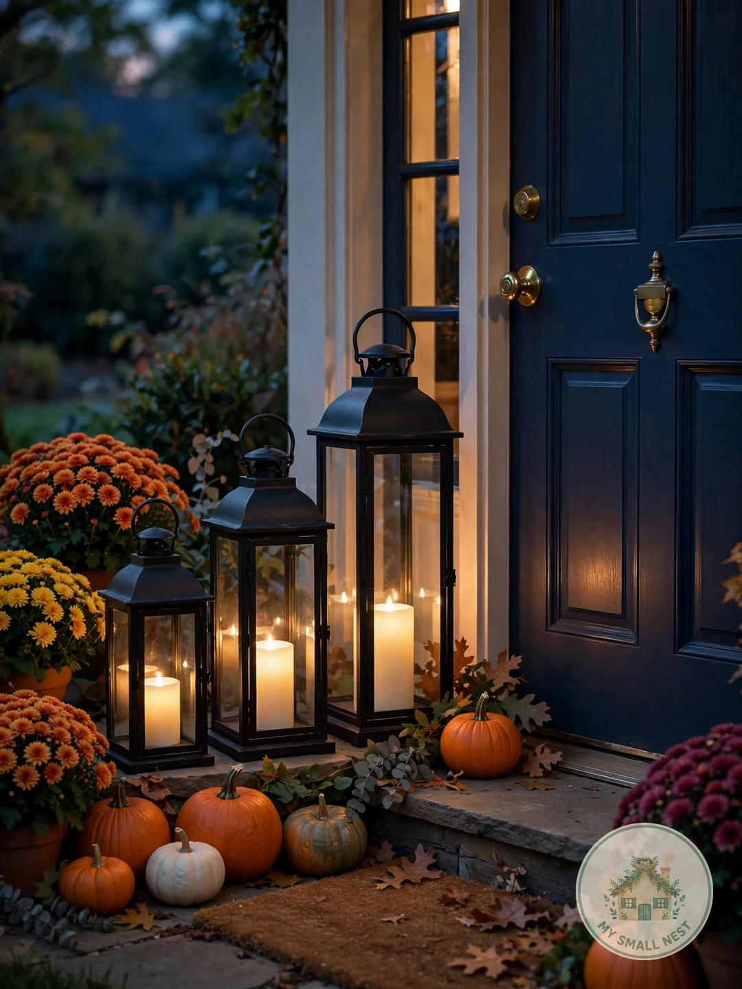 Lanterns with LED Candles - fall front porch decor