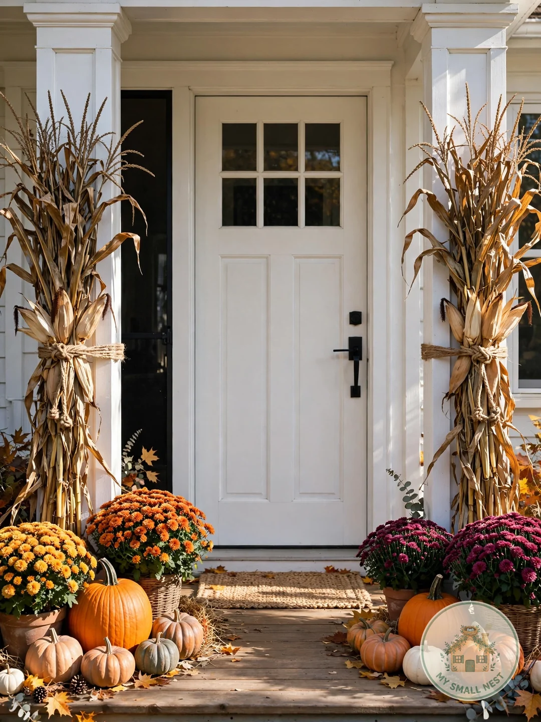 Corn Stalks by the Door - fall front porch decor