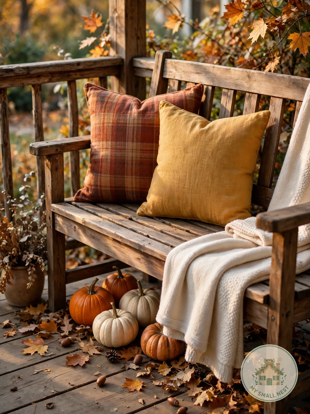 Fall Pillow Swap on the Bench - fall front porch decor