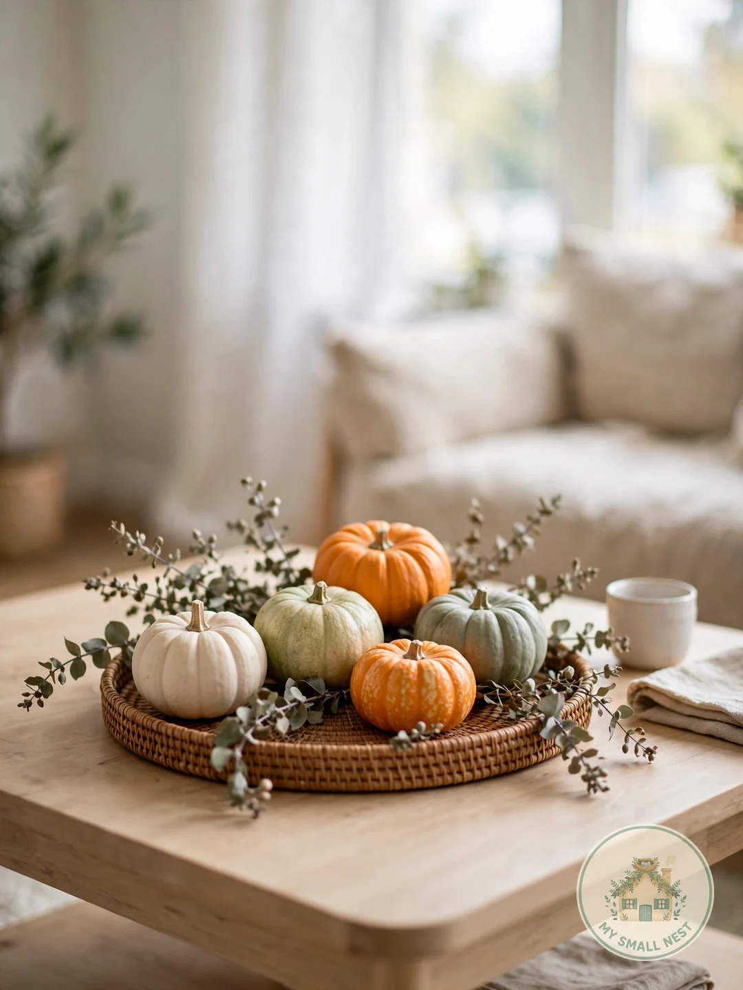 Style a Mini Pumpkin Cluster on the Coffee Table - fall living room decor