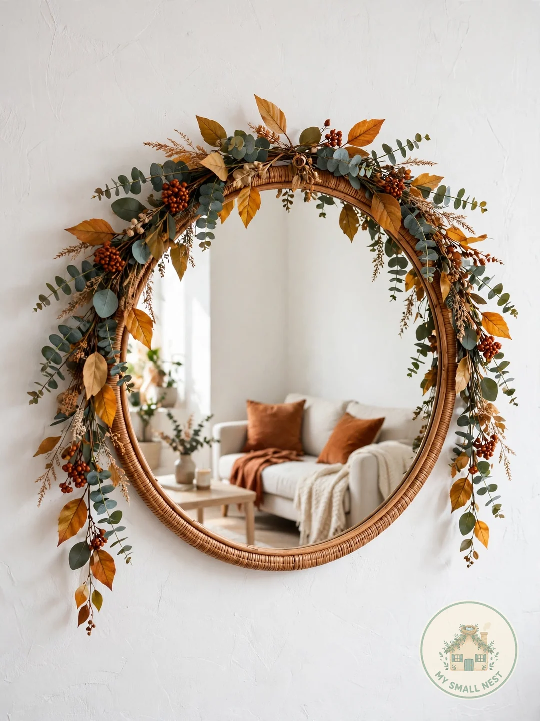 Drape Eucalyptus or Fall Garland Over a Mirror - fall living room decor