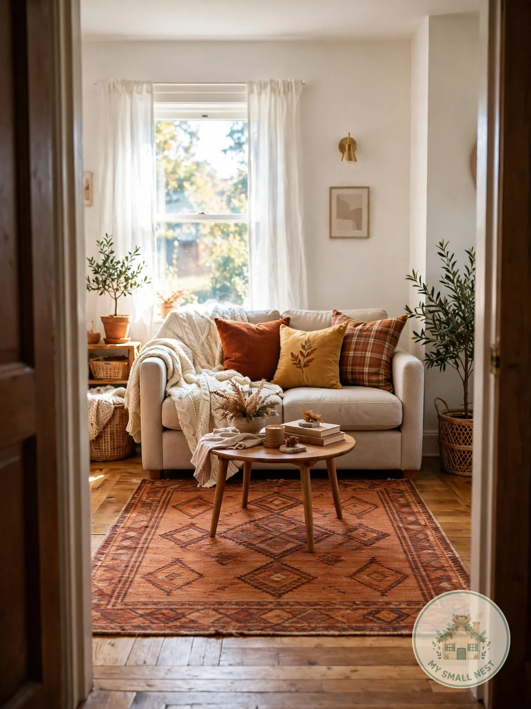 Roll Out a Warm-Toned Area Rug - fall living room decor