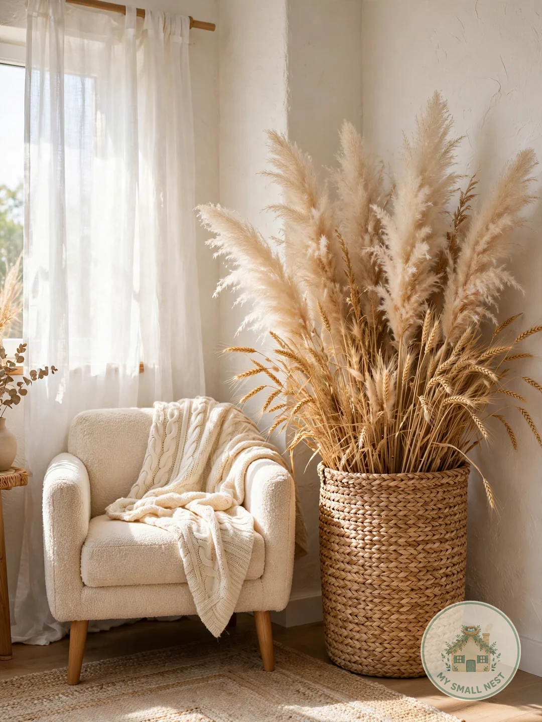 Fill a Basket with Dried Wheat or Pampas Stems - fall living room decor