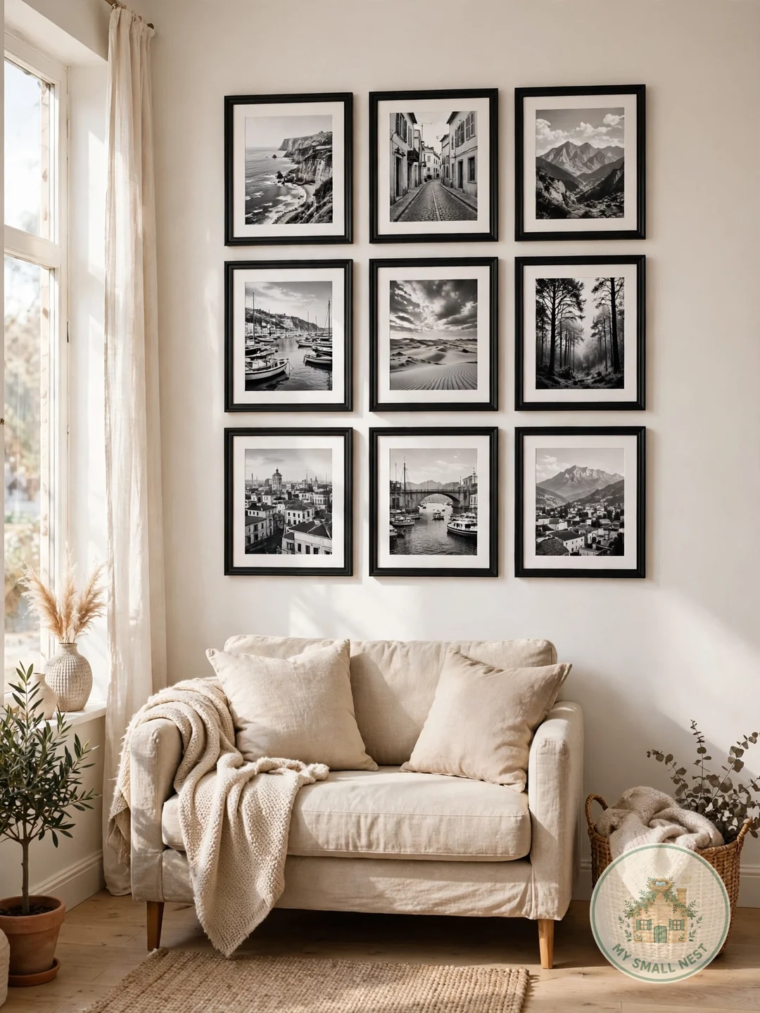 Salon-Style Grid for Tiny Living Rooms - gallery wall ideas