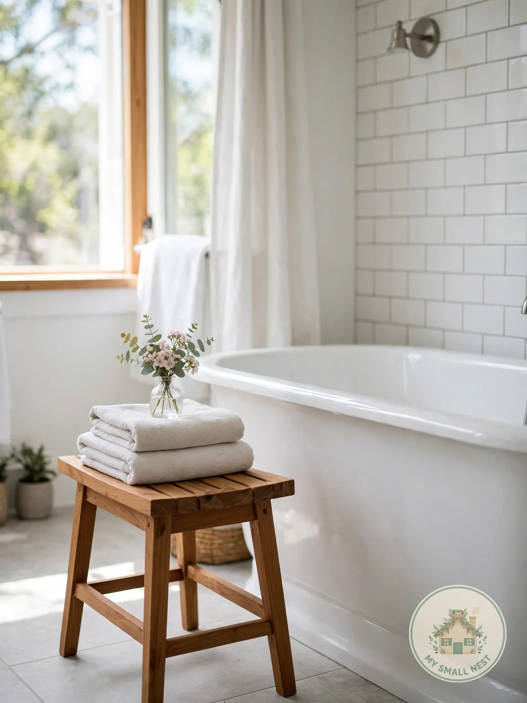 Add a Small Stool for Essentials - guest bathroom decor ideas