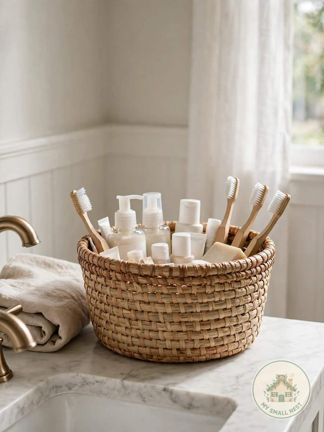 Stock a Basket of Extra Toiletries - guest bathroom decor ideas