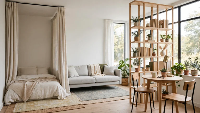 Small studio layout ideas — bright zoned studio apartment with curtained bed corner and living area
