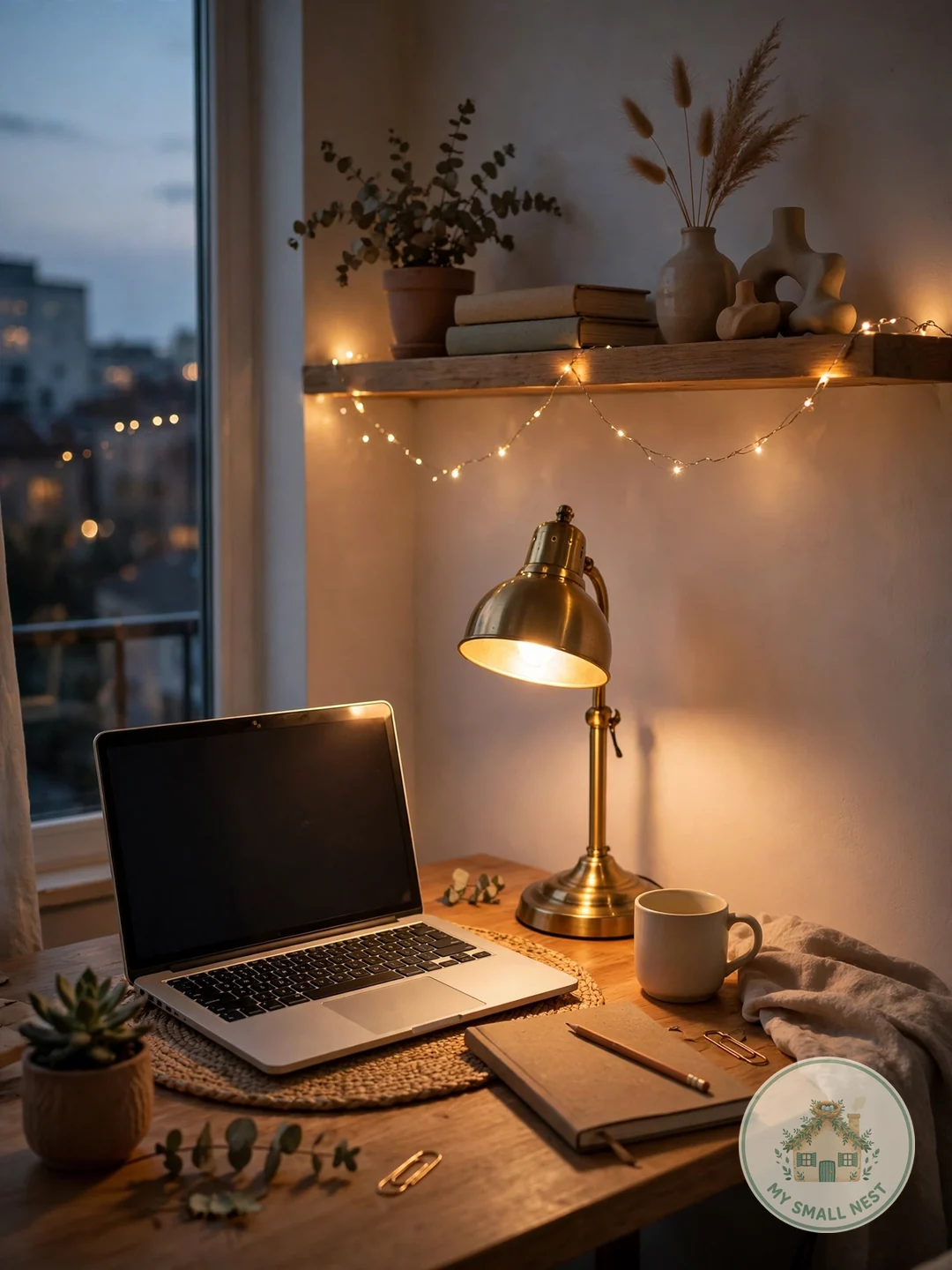 Warm Layered Lighting - home office nook ideas