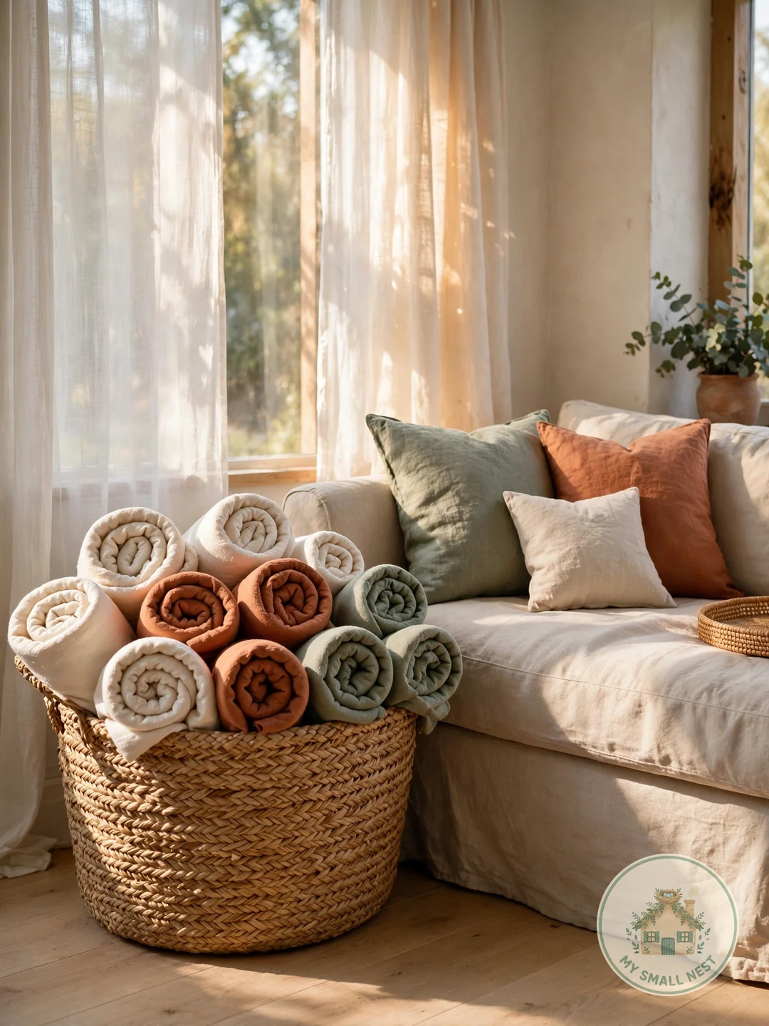 Keep a Big Woven Basket by the Sofa - blanket storage ideas