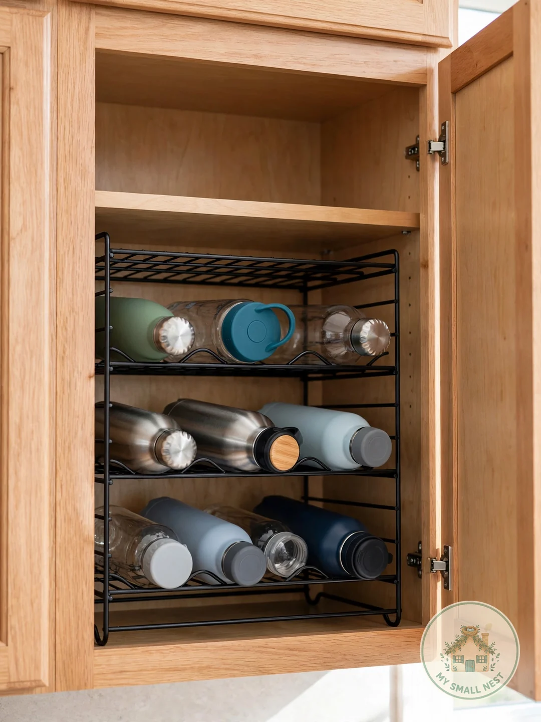 Repurpose a Stackable Wine Rack - organize water bottles