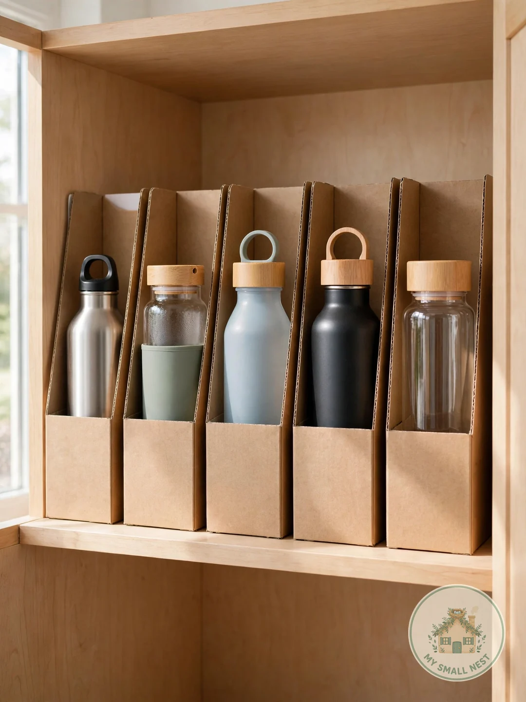 File Bottles in Magazine Holders - organize water bottles