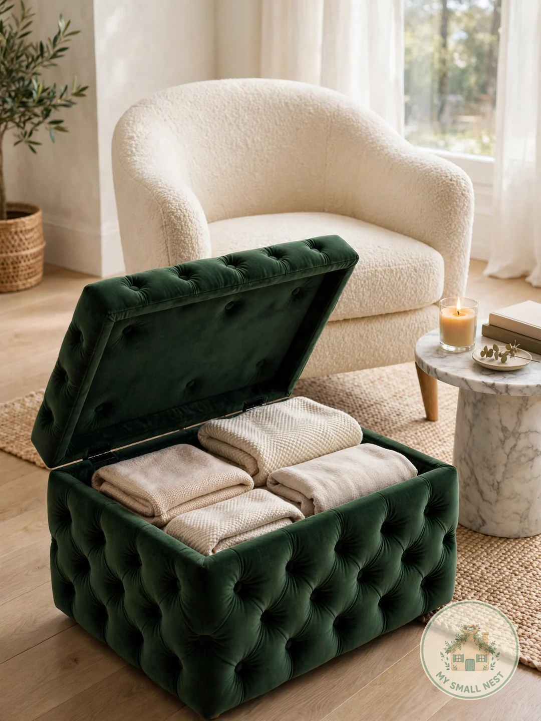Tuck Throws Inside a Storage Ottoman - blanket storage ideas