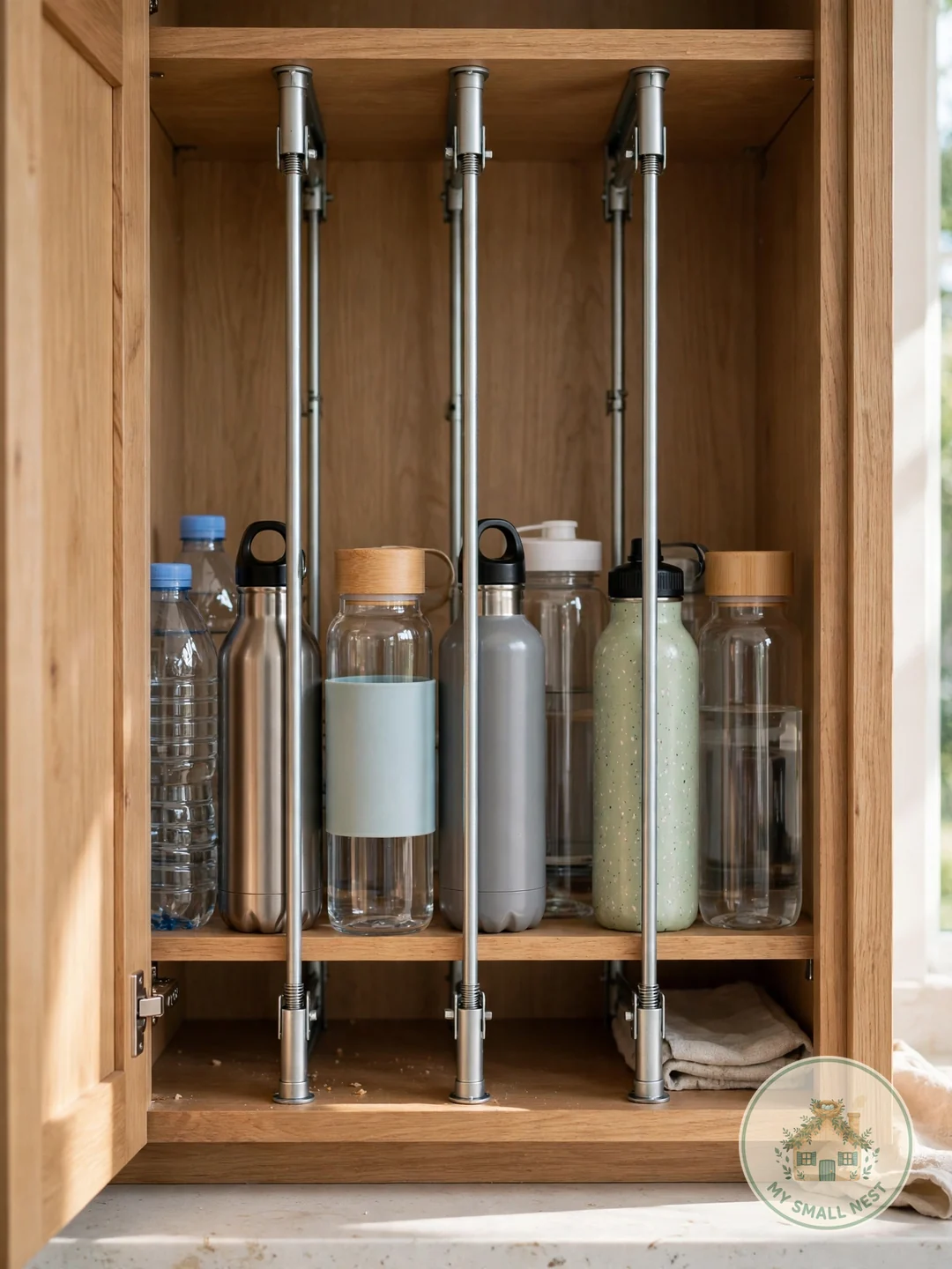 Divide Cabinets With Tension Rods - organize water bottles