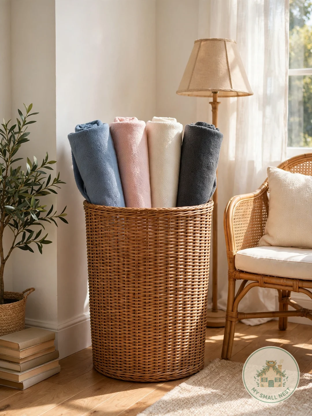 Roll Blankets Into a Tall Floor Basket - blanket storage ideas