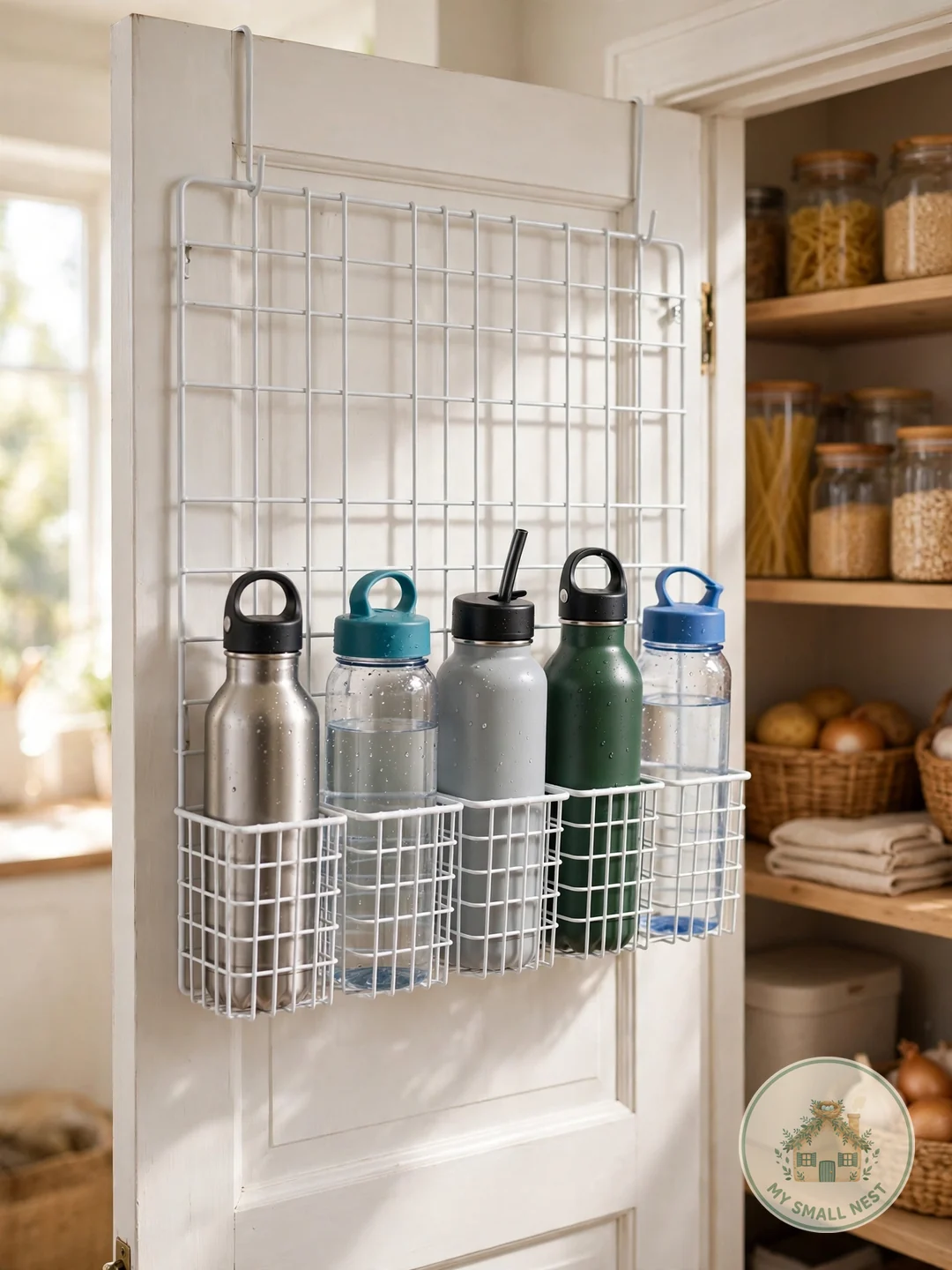 Hang an Over-the-Door Bottle Rack - organize water bottles