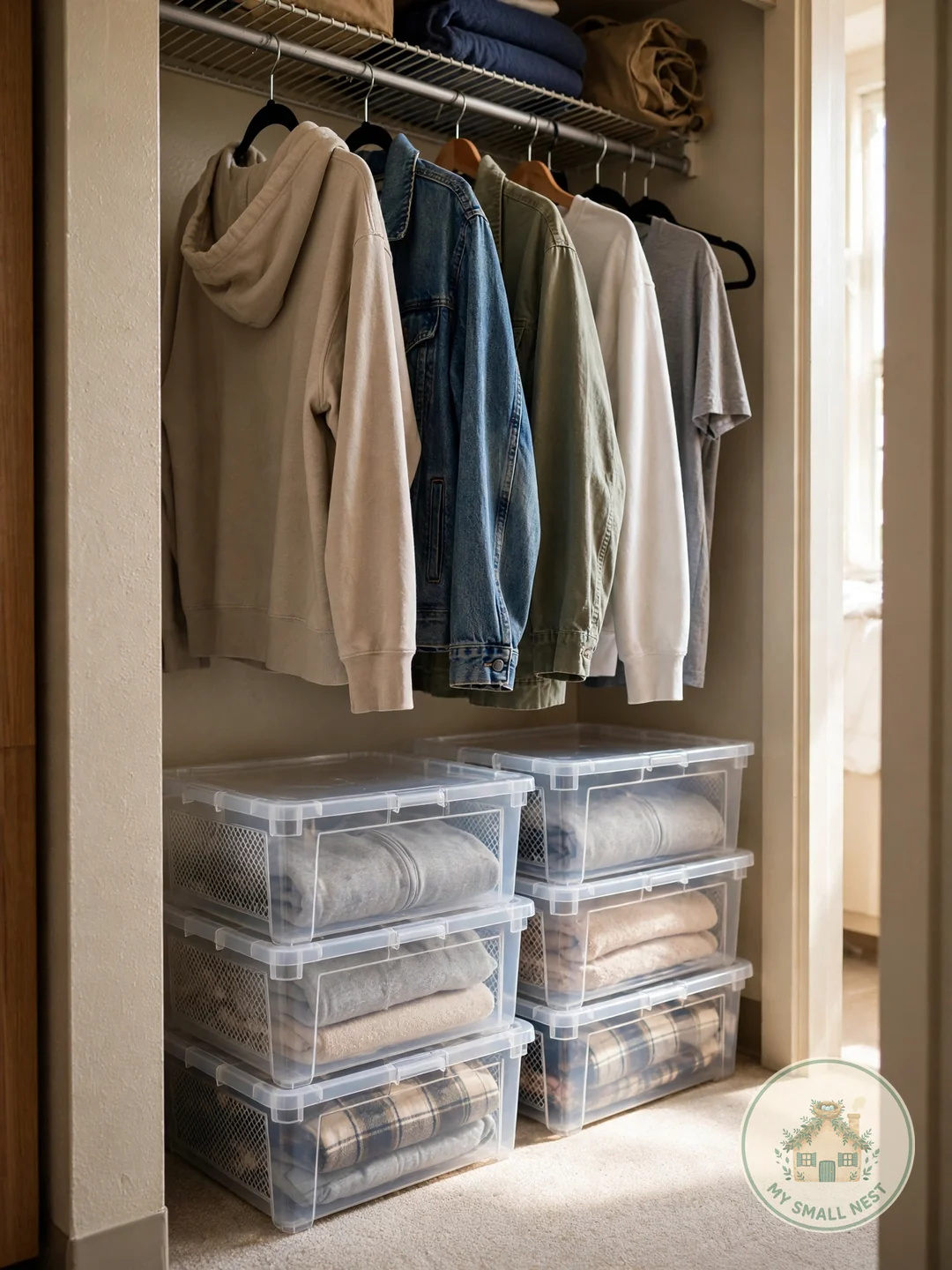 Stack Bins on the Closet Floor - dorm closet organization