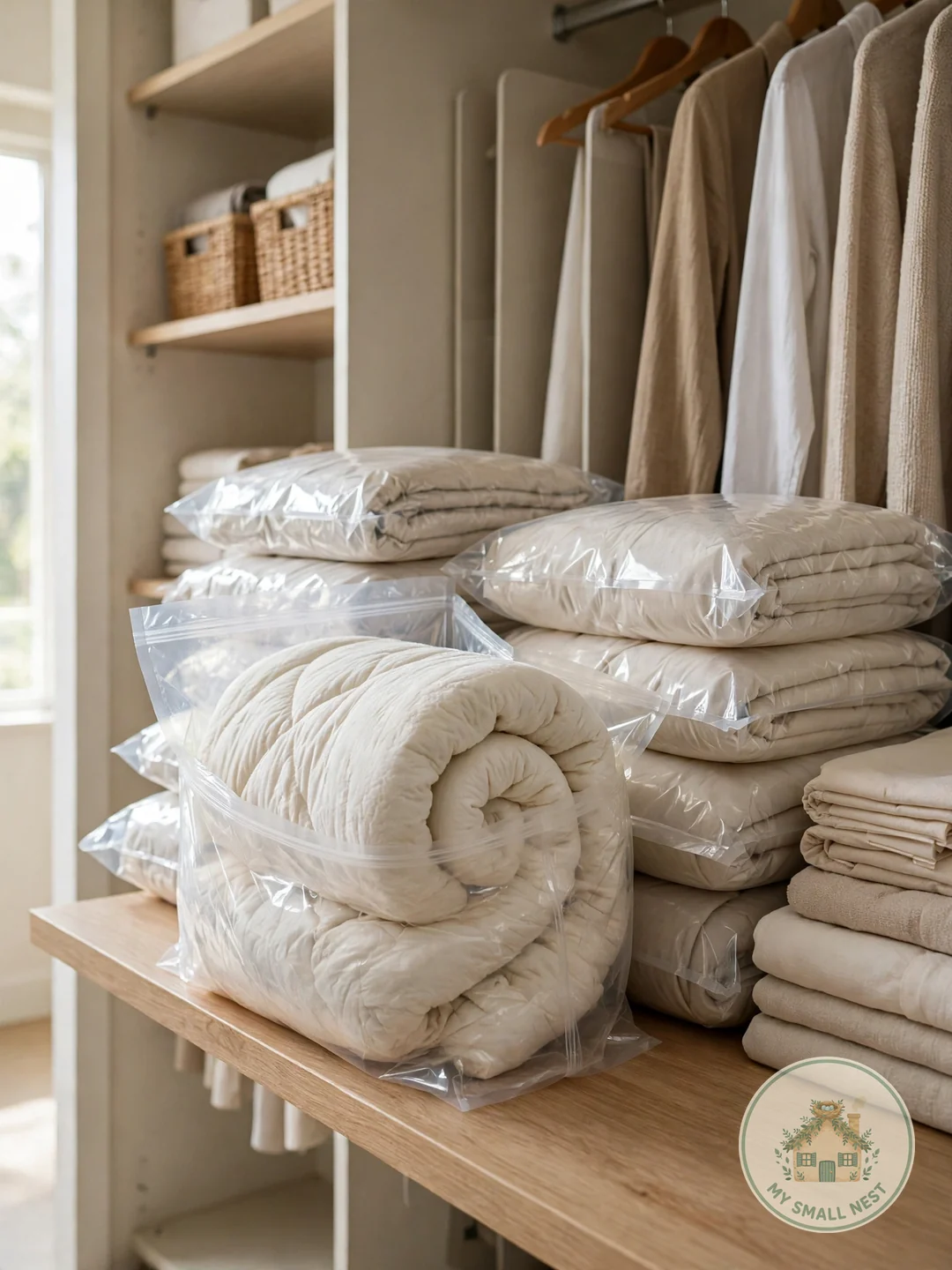Compress Out-of-Season Blankets With Vacuum Bags - blanket storage ideas