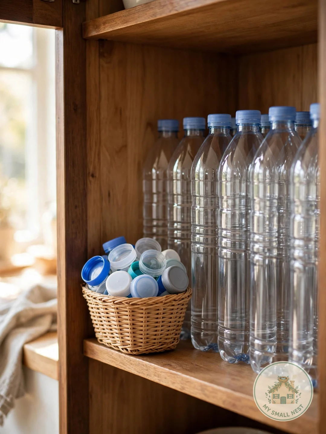 Store Lids Separately in a Small Bin - organize water bottles